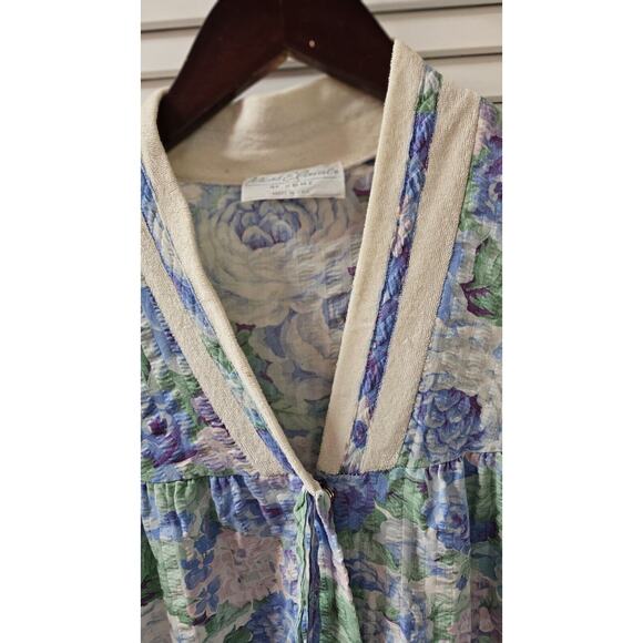VTG MISS ELAINE Blue Floral ROBE Housecoat Dress Snap Front Terry Collar Med Lrg - Picture 2 of 4